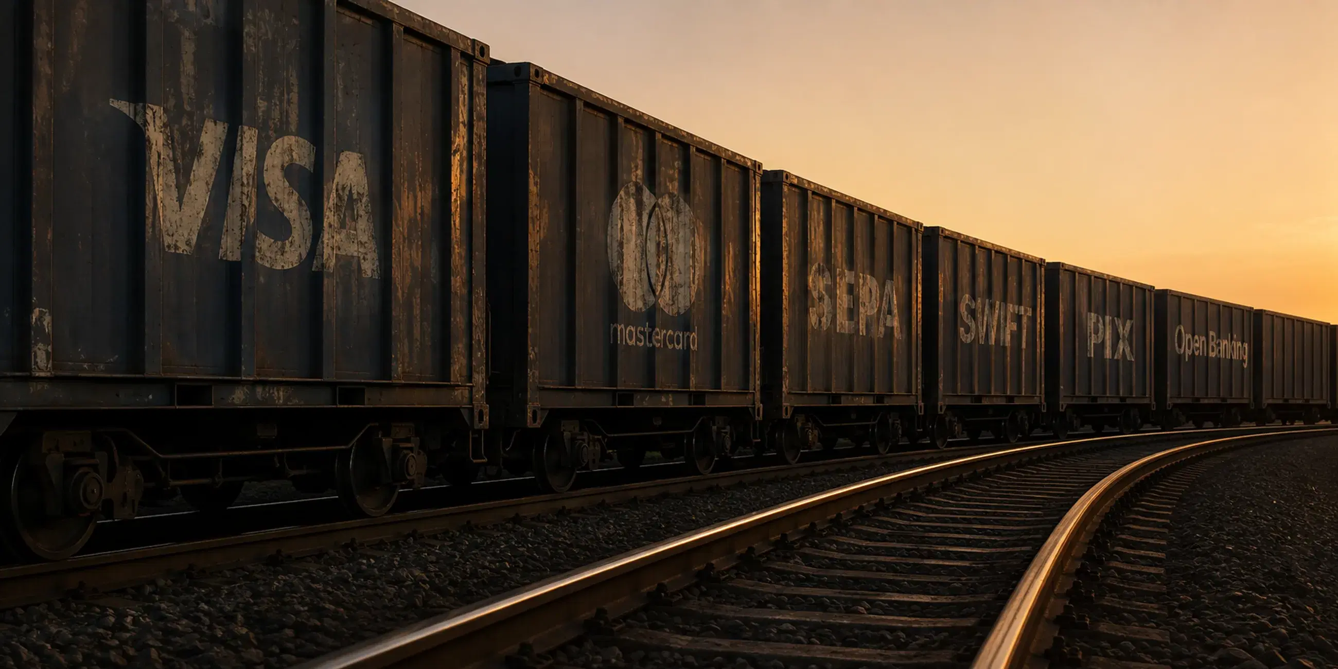 A freight train on a curve of track at dusk, its wagons carrying the marks of the payment networks — Visa, Mastercard, SEPA, SWIFT, PIX and Open Banking — with the polished rails running out of the frame towards the viewer.