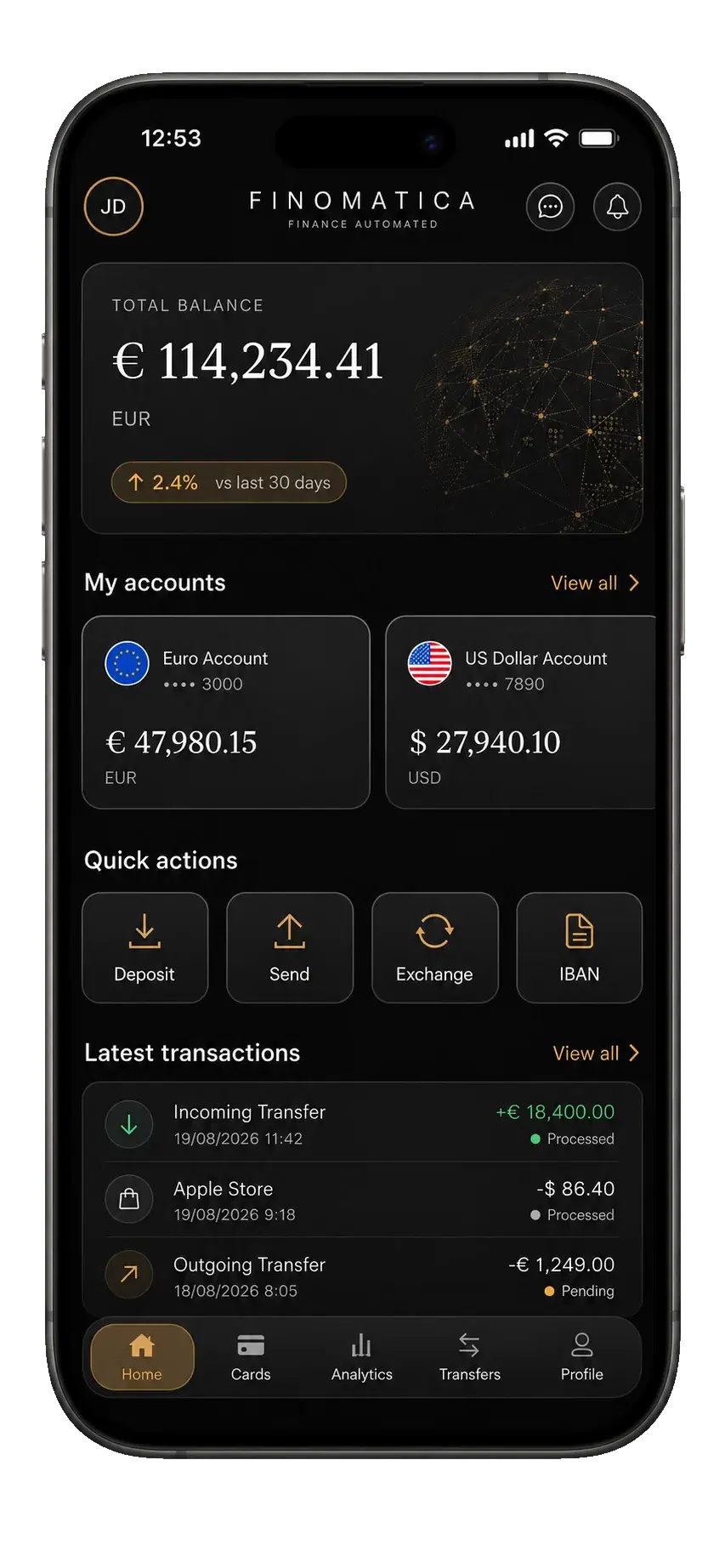 The mobile app: a total balance of €114,234.41, a euro and a US dollar account side by side, quick actions for deposit, send, exchange and IBAN, and a list of recent transfers.