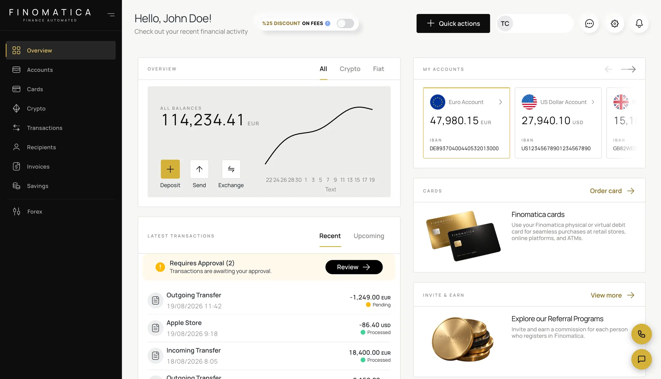The back office running on the laptop: a left-hand menu of overview, accounts, cards, crypto, transactions, recipients, invoices, savings and forex; a balance of 114,234.41 EUR; and a transaction list with two payments awaiting approval.