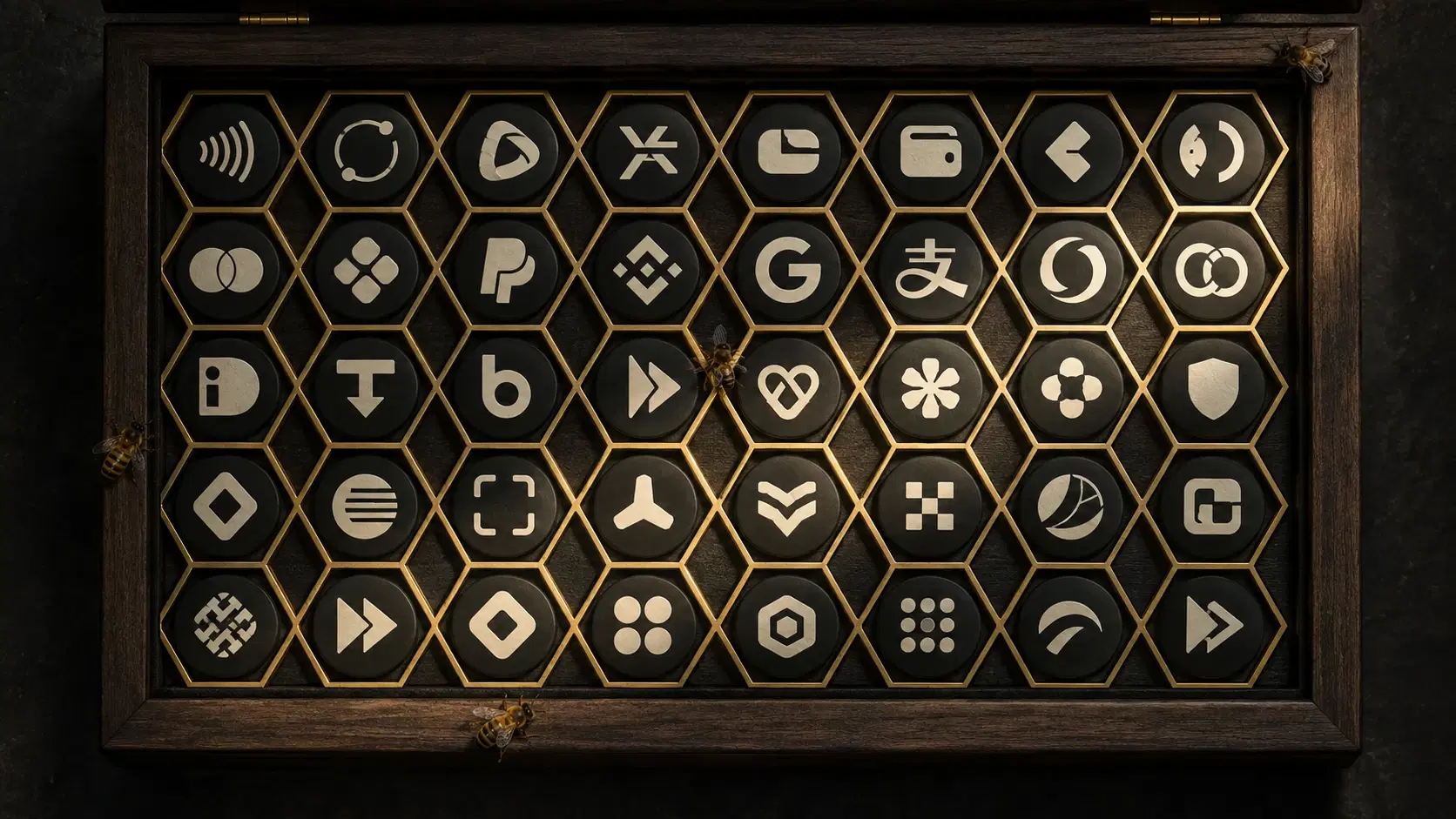 A wooden case opened from above, holding a gold honeycomb of forty hexagonal cells, each with a dark disc carrying one payment mark in ivory, a band of light across the middle and honeybees resting on the gold.